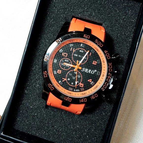 Mens SBAO Watch Analog Wrist Watch Stainless Steel Sport Fashion Orange NIB - Picture 1 of 16